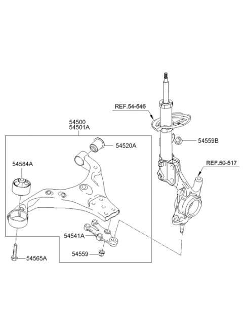 2009 Hyundai Tucson Front Lower Arm Complete Right Hand Diagram for 54501-2E001