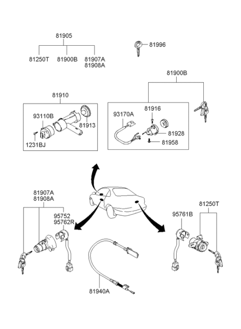 2008 Hyundai Tiburon Front Door Lock Assembly,Left Diagram for 81970-2CA10