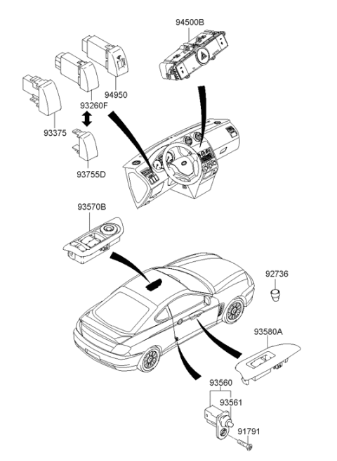 2006 Hyundai Tiburon Switch Assembly Power Window Sub Diagram for 93575-2C030-KH