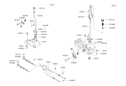 2006 Hyundai Tiburon Manual Transmission Lever Cable Assembly Diagram for 43794-2D100