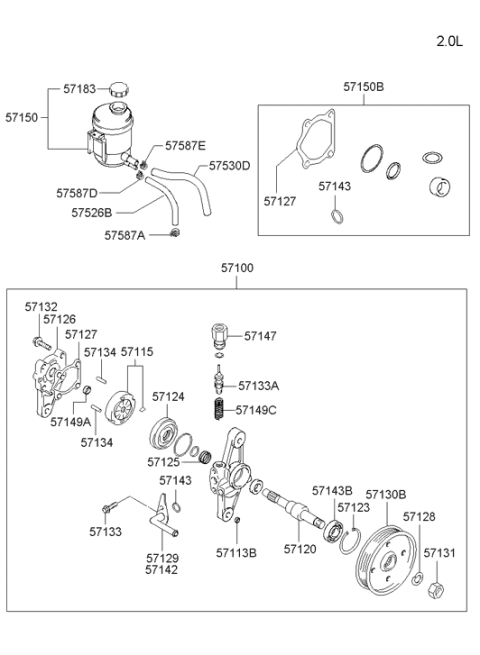 2007 Hyundai Tiburon Power Steering Oil Pump Assembly Diagram for 57100-2D151