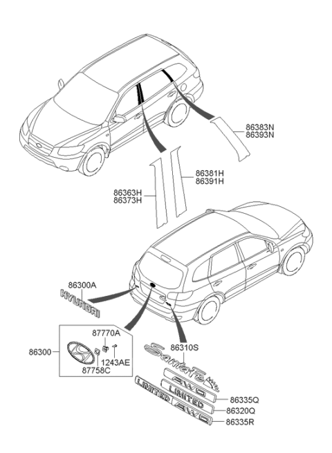 2006 Hyundai Santa Fe Emblem Diagram for 86310-2B500