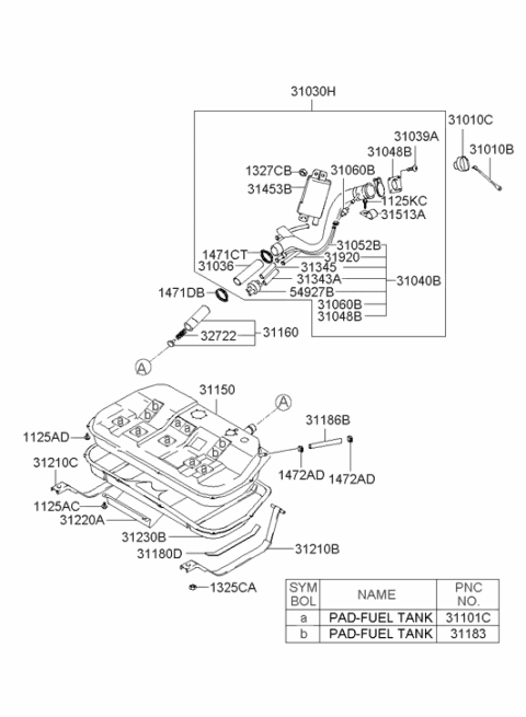 2003 Hyundai Sonata Filler Neck And Hose Assembly Diagram for 31030-38150