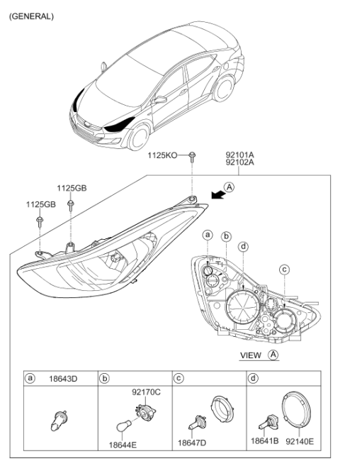 2014 Hyundai Elantra Left Headlamp Assembly Diagram for 92101-3X280