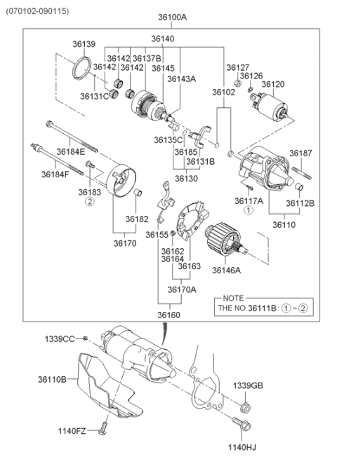 2007 Hyundai Santa Fe Starter Assembly Diagram for 36100-3E100