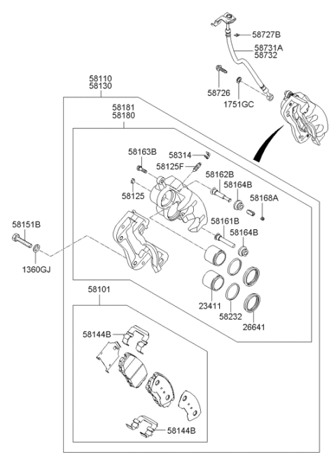 2007 Hyundai Santa Fe Front Brake Hose Right Hand Diagram for 58732-2B010