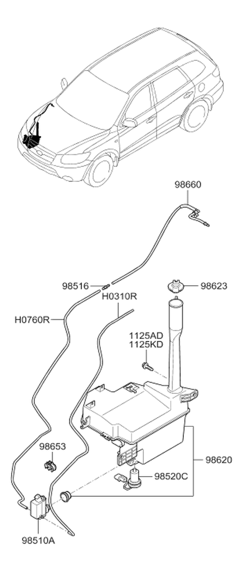 2007 Hyundai Santa Fe Windshield Washer Reservoir Assembly Diagram for 98620-2B000
