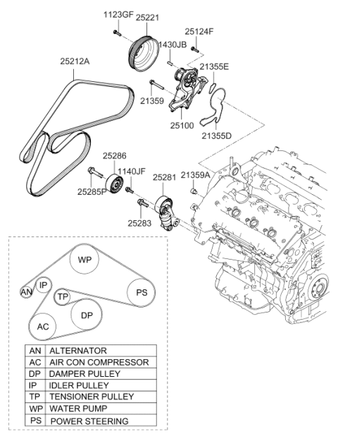 2009 Hyundai Santa Fe Coolant Pump Assembly Diagram for 25100-3E001