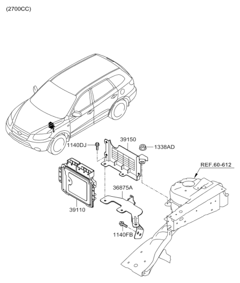 2009 Hyundai Santa Fe Engine Control Module Unit Diagram for 39109-3E032