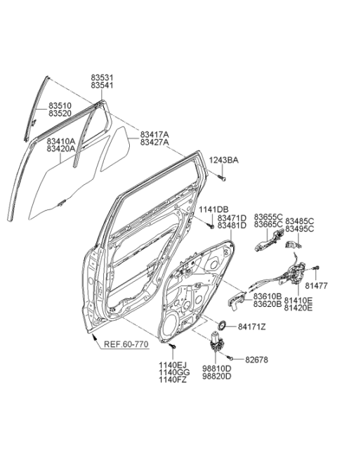 2008 Hyundai Santa Fe Run Assembly-Rear Door Window Glass RH Diagram for 83541-0W000