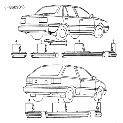 1989 Hyundai Excel Fender Waist Line Moulding Assembly Left Hand Diagram for 87711-21050-EA