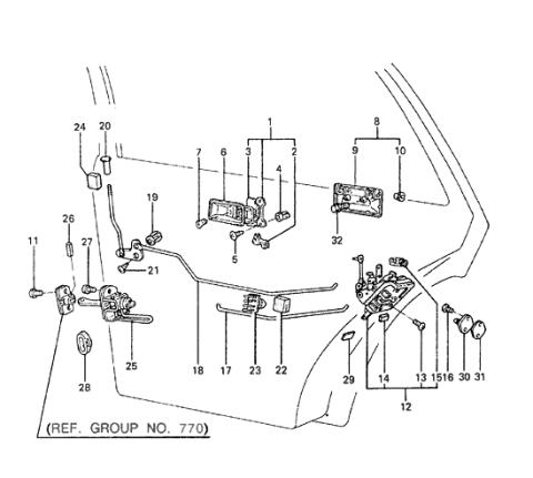 1986 Hyundai Excel Rear Exterior Door Handle Assembly Left Diagram for 83650-21100
