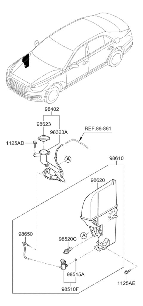 2019 Hyundai Genesis G90 Windshield Washer Reservoir Assembly Diagram for 98620-D2000