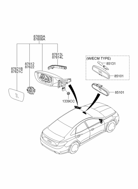 2012 Hyundai Azera Glass Holder Assembly Outside Rear View Left Hand Diagram for 87611-3V300