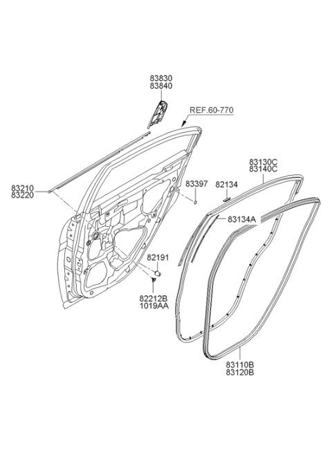 2006 Hyundai Accent Rear Door Side Weatherstrip Assembly Right Hand Diagram for 83140-1E000