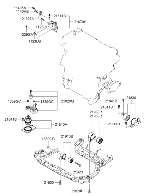 2005 Hyundai Accent Engine Mounting Bracket Assembly Diagram for 21810-1G000