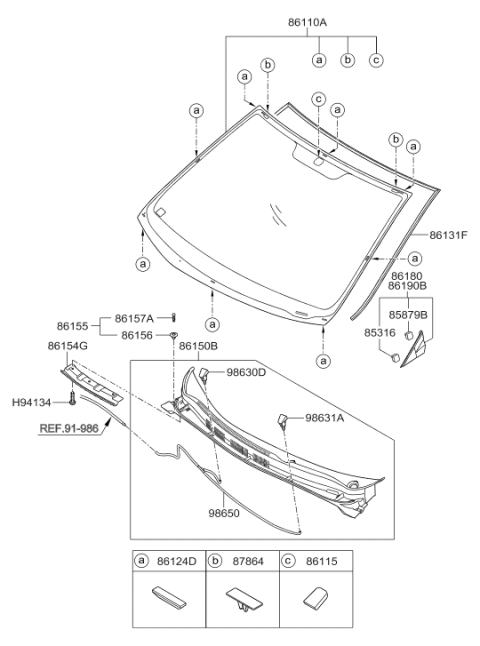 2013 Hyundai Accent Windshield Glass Assembly Diagram for 86110-1R030