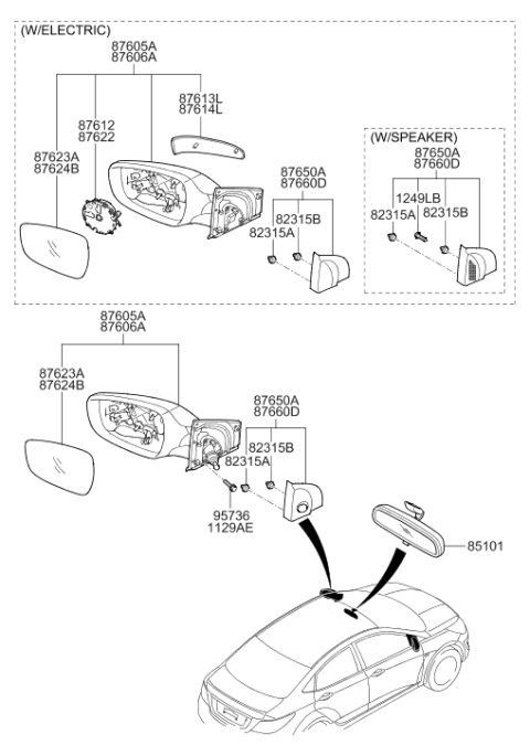 2012 Hyundai Accent Outside Rear View Mirror & Holder Assembly Diagram for 87611-1R220
