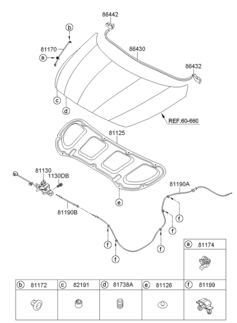 2011 Hyundai Accent Hood Latch Release Cable Assembly Diagram for 81190-1R000