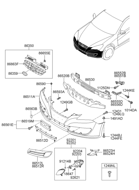 2011 Hyundai Genesis Coupe Front Bumper Grille License Plate Moulding Diagram for 86519-2M100