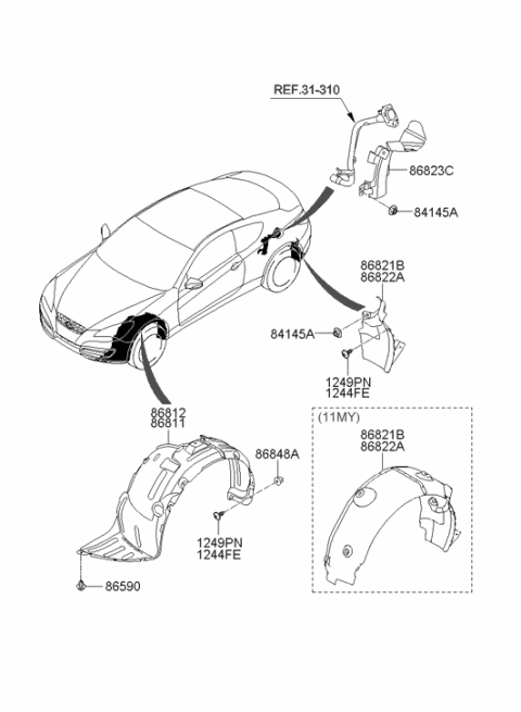 2008 Hyundai Genesis Coupe Rear Wheel Front Piece Guard,Left Diagram for 86823-2M000