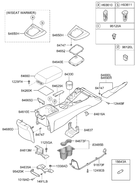 2011 Hyundai Genesis Coupe Console Armrest Assembly Diagram for 84660-2M000-9E
