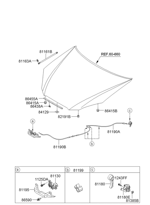 2008 Hyundai Genesis Coupe Hood Latch Release Cable Assembly Diagram for 81190-2M100