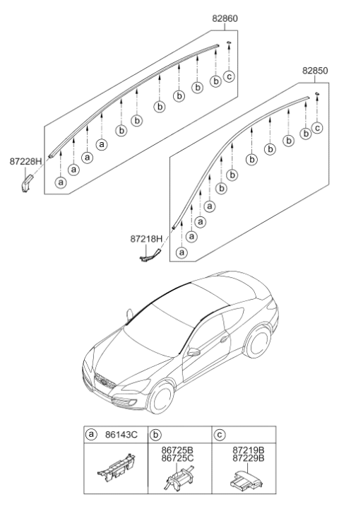 2012 Hyundai Genesis Coupe Clip-Wind Shield Glass Molding Side Diagram for 86143-2M000