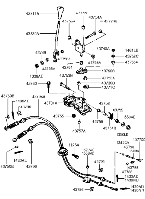 1994 Hyundai Excel Manual Transmission Lever Cable Assembly Diagram for 43794-24000