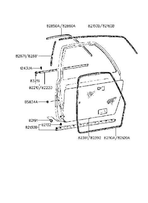 1993 Hyundai Excel Front Outside Door Belt Weatherstrip Assembly Left Hand Diagram for 82210-24000