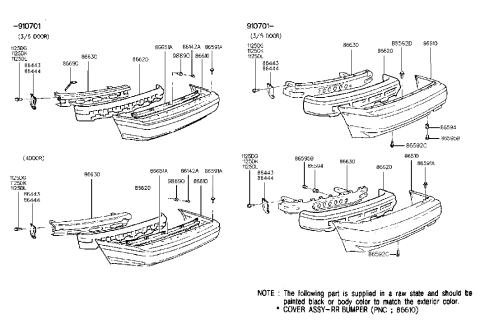 1994 Hyundai Excel Rear Bumper Cover Assembly Diagram for 86610-24000