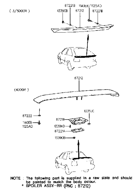 1993 Hyundai Excel Rear Spoiler Assembly Diagram for 87211-24100