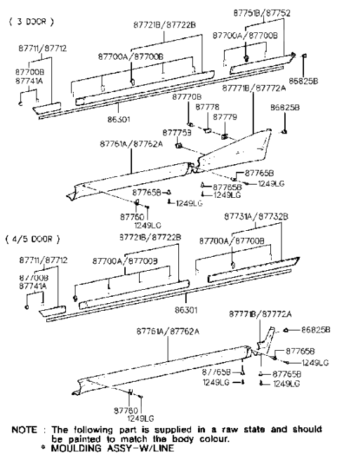 1992 Hyundai Excel Front Door Waist Line Moulding Assembly Left Hand Diagram for 87721-24000