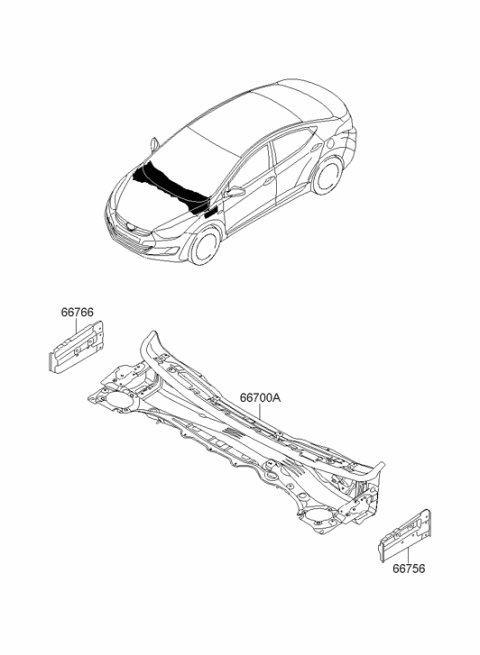 2011 Hyundai Elantra Cowl Side Outer Upper Panel Right Hand Diagram for 66766-3X000