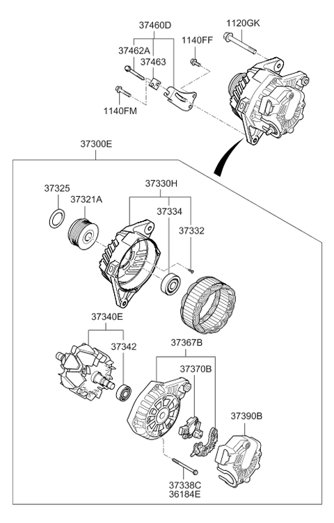 2013 Hyundai Elantra Alternator Assembly Diagram for 37300-2E200