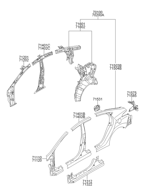 2012 Hyundai Elantra Quarter Complete Panel Assembly Right Hand Diagram for 70200-3XA02