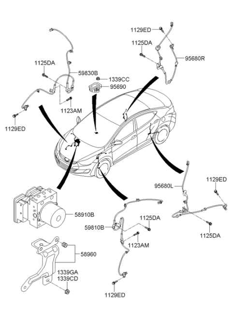 2012 Hyundai Elantra Front ABS Sensor Assembly Left Hand Diagram for 59810-3X310