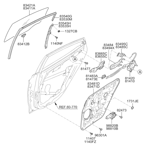 2011 Hyundai Elantra Rear Door Window Glass Left Hand Diagram for 83411-3X020