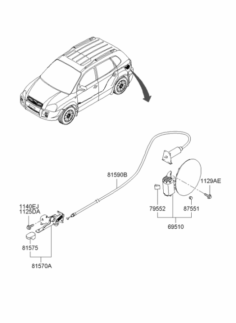 2004 Hyundai Tucson Fuel Filler Catch & Cable Assembly Diagram for 81590-2E000