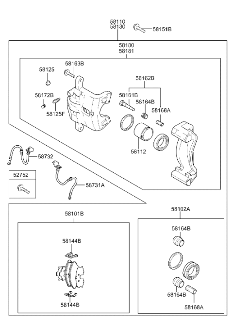 2004 Hyundai Tucson Front Brake Caliper Kit Left Hand Diagram for 58180-2EA00