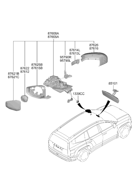 2026 Hyundai Ioniq 9 Outside Rear View Mirror Assembly Right Hand Diagram for 87620-TD080