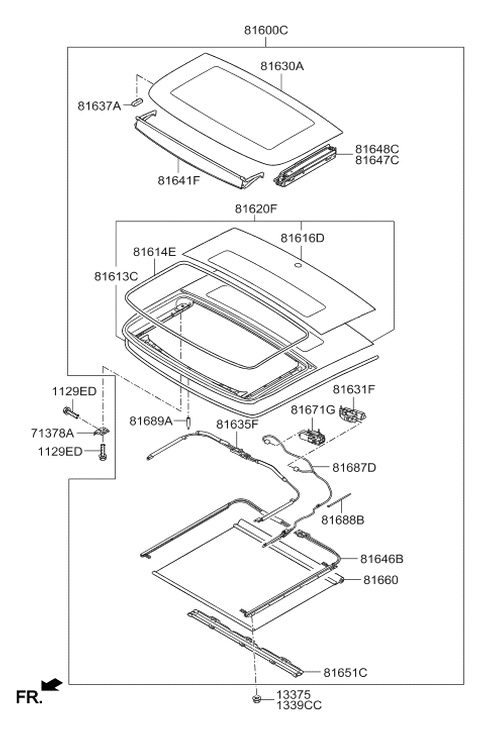 2012 Hyundai Veloster Panorama Roof Frame Assembly Diagram for 81610-2V000