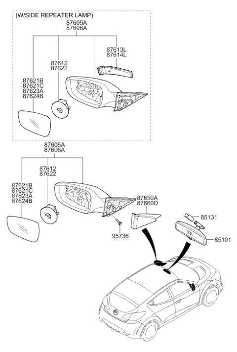 2013 Hyundai Veloster Front Door Quadrant Inner Cover Assembly Diagram for 87650-2V000-4X