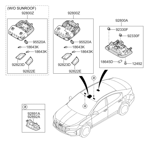 2020 Hyundai Elantra Overhead Console Lamp Assembly Diagram for 92800-F3011-XUG