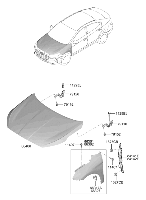 2019 Hyundai Elantra Hood Panel Assembly Diagram for 66400-F3500