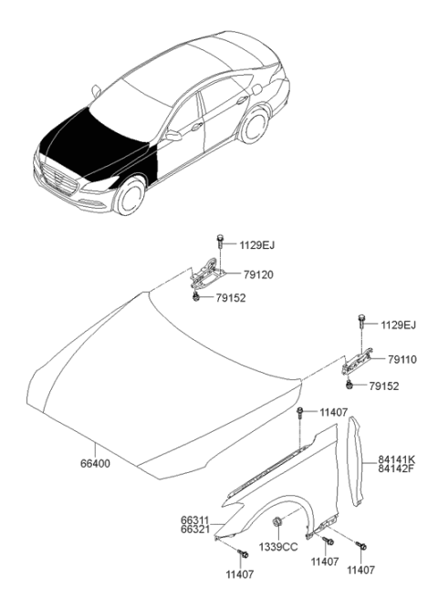 2014 Hyundai Genesis Hood Hinge Assembly Left Hand Diagram for 79110-B1000
