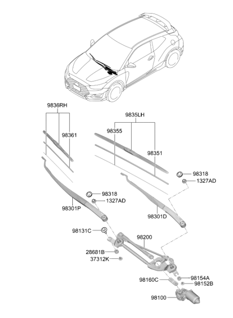 2020 Hyundai Veloster N Crank Arm-Windshield WIPER Motor Diagram for 98160-3X000