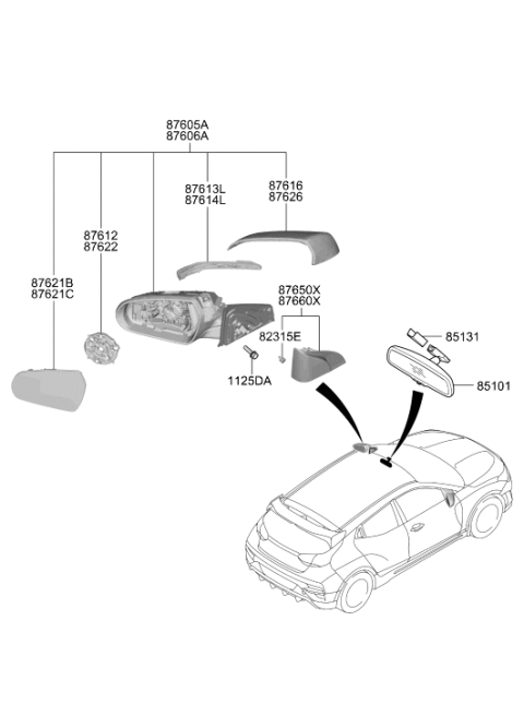 2019 Hyundai Veloster N Outside Mirror Lamp Assembly Left Hand Diagram for 87614-J3000