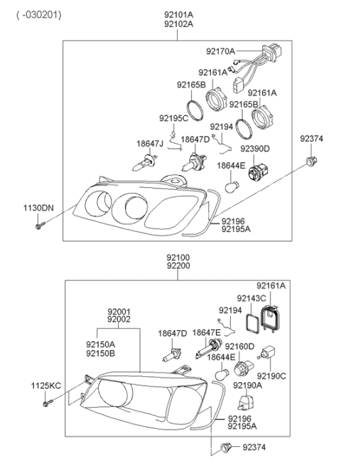 2000 Hyundai XG300 Front Combination Lamp Bulb Holder Assembly Diagram for 92161-38000