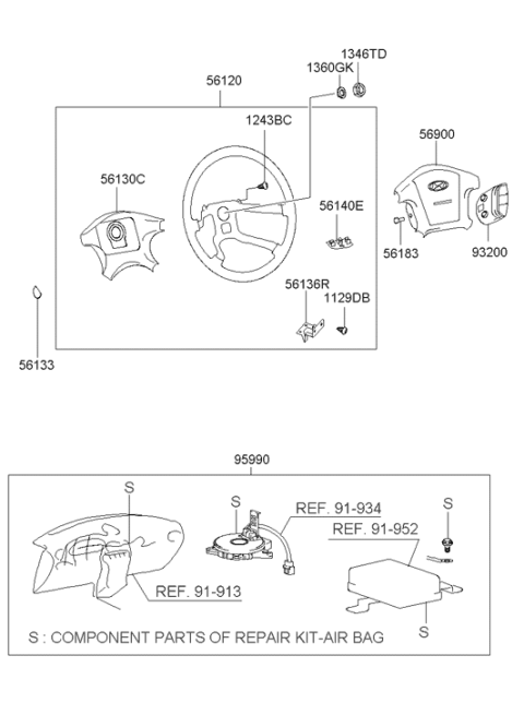 2004 Hyundai XG350 Steering Wheel Air Bag Module Assembly Diagram for 56900-39300-ZK